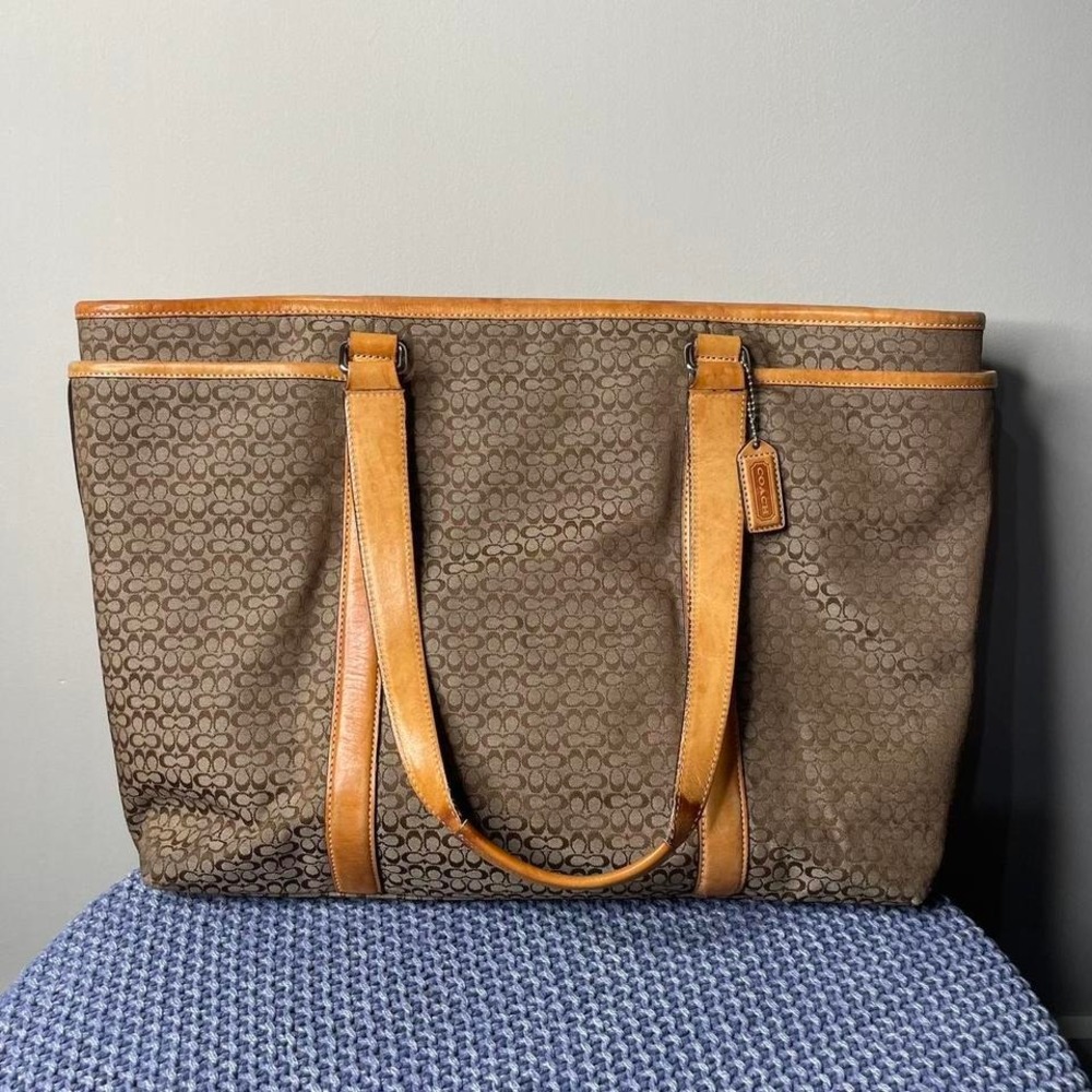 Coach brown canvas tote bag with leather trim